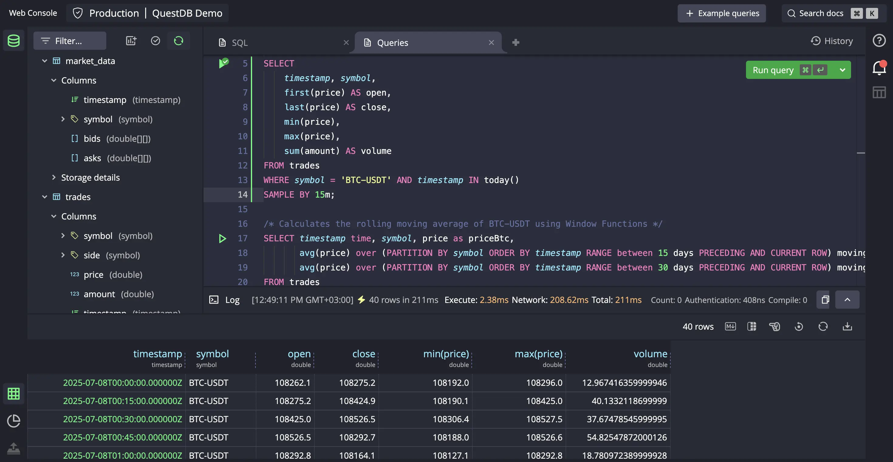 A shot of the Web Console, showing auto complete and a colourful returned table.